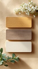 Aufkleber - Customizable Wooden Chalkboard Plant Labels on Textured Surface with Warm Minimalist Aesthetic for Garden Organization and Botanical Planning
