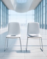 Poster - Minimalist Business Meeting Concept with Two Empty White Chairs and Documents in Bright Modern Office Environment