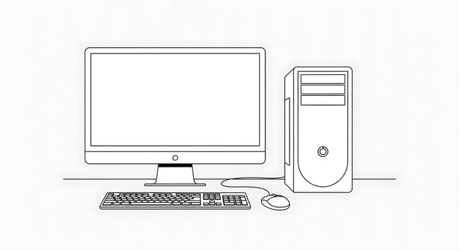 Simple Line Drawing of a Desktop Computer Monitor, Keyboard, and CPU