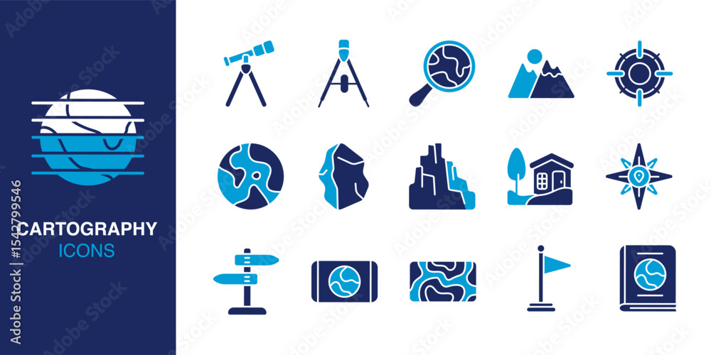 Cartography icon set. Containing telescope, compass, terrain, map, flag ...