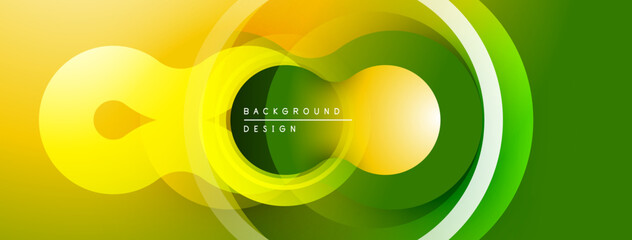 Poster - Abstract vibrant design. Overlapping circles create dynamic flow, gradients shift from yellow to green. Modern aesthetic.