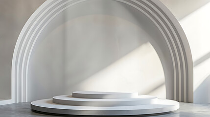 Poster - A minimalist white three tiered podium stands in front of an arched wall with sunlight casting shadows
