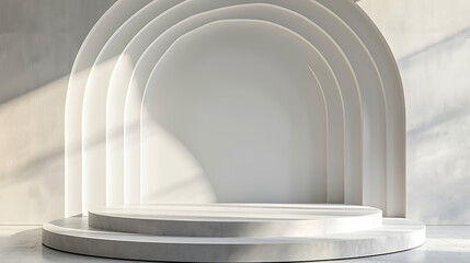 Poster - A minimalist white podium stands before a series of arched openings creating a modern and clean presentation space bathed in soft sunlight