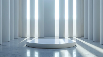 Poster - Minimalist white podium surrounded by cylindrical columns bathed in sunlight creates a serene and modern architectural space