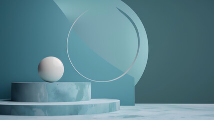 Poster - A white sphere sits atop a two tiered podium against a blue backdrop with a geometric circle shape
