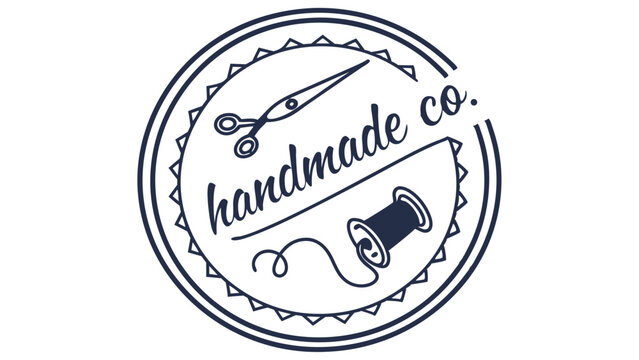 Circular handmade company logo design featuring scissors, thread spool, and decorative border element with text