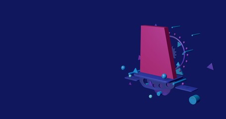 Poster - Pink trapezium symbol on a pedestal of abstract geometric shapes floating in the air. Abstract concept art with flying shapes on the right. 3d illustration on indigo background