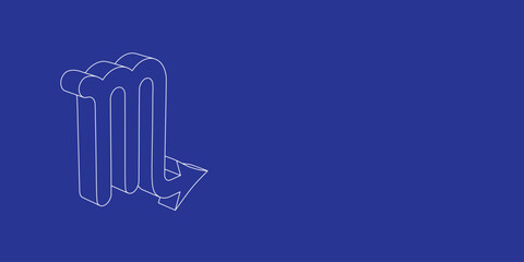 Fototapete - The outline of a large zodiac scorpio symbol made of white lines on the left. 3D view of the object in perspective. Vector illustration on indigo background
