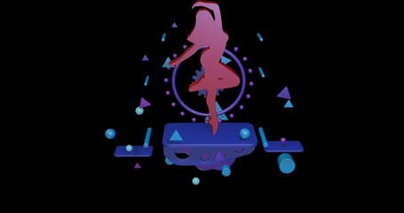 Poster - Red ballerina symbol on a pedestal of abstract geometric shapes floating in the air. Abstract concept art with flying shapes in the center. 3d illustration on black background