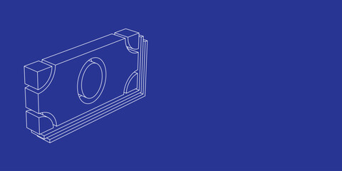 Poster - The outline of a large money bundle symbol made of white lines on the left. 3D view of the object in perspective. Vector illustration on indigo background