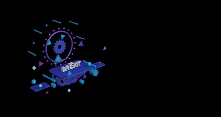 Poster - White brexit symbol on a pedestal of abstract geometric shapes floating in the air. Abstract concept art with flying shapes on the left. 3d illustration on black background