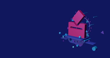 Poster - Pink vote symbol on a pedestal of abstract geometric shapes floating in the air. Abstract concept art with flying shapes on the right. 3d illustration on indigo background