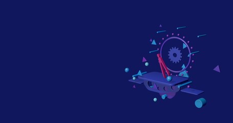 Poster - Pink compass divider on a pedestal of abstract geometric shapes floating in the air. Abstract concept art with flying shapes on the right. 3d illustration on indigo background