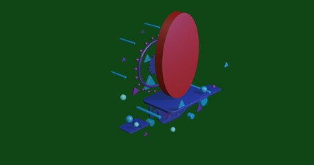 Poster - Red ellipse symbol on a pedestal of abstract geometric shapes floating in the air. Abstract concept art with flying shapes in the center. 3d illustration on green background