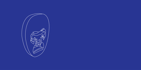 Poster - The outline of a large gorilla head made of white lines on the left. 3D view of the object in perspective. Vector illustration on indigo background