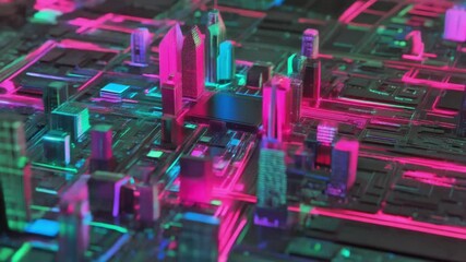 Poster - Futuristic 3D rendered city with neon lights and data flow visualization