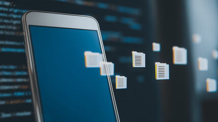 Poster - Data Transfer: The photo depicts a sleek, modern smartphone with digital documents transferring, set against a dark, digital backdrop.
