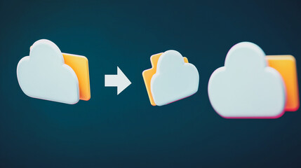 Poster - Cloud Computing Folder Transfer: A 3D render of a cloud-shaped icon moving into a folder, symbolizing cloud computing and data transfer on a gradient blue background.