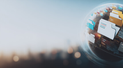 Poster - Digital Archive World: A striking illustration of a digital globe adorned with file folders, symbolizes the expansive reach and interconnectedness of data storage and information management.