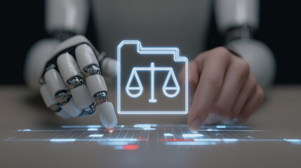 Poster - AI and Law:  A futuristic representation of artificial intelligence interacting with legal concepts, the robotic hand touches an illuminated folder icon featuring scales of justice.