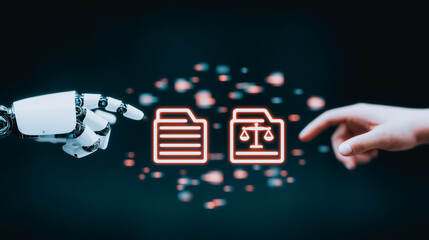 Poster - AI and Human Touch: A symbolic representation of artificial intelligence and human collaboration, two hands—one robotic, one human—reach towards illuminated legal document icons.