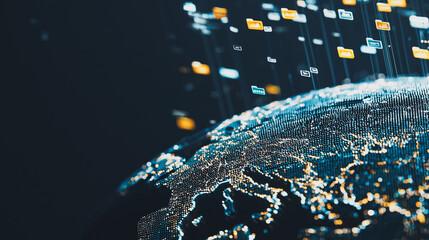 Poster - Digital Data Flow: A captivating visualization depicts a futuristic landscape of digital data streaming around Earth. The image captures the essence of global connectivity, technology.
