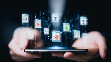Poster - Digital Justice: A professional's hands cradle a mobile phone, illuminating a digital network of law documents in a visually engaging depiction of modern legal technology.