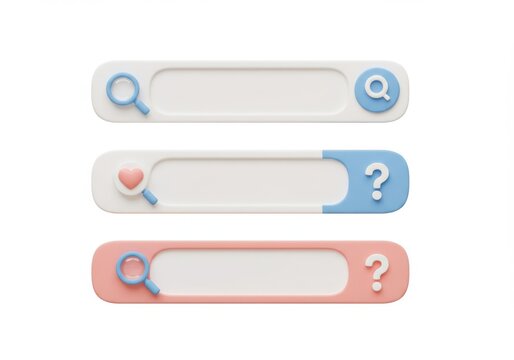 Three search bars with magnifying glasses and question marks on a white area