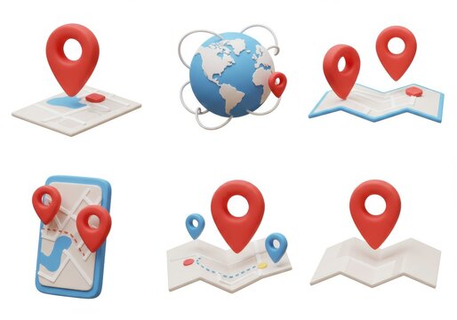 Various renderings of maps with location pins and a globe on a white background