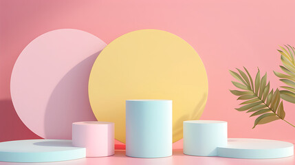 Poster - Pastel colored podiums and circles create a modern minimalist stage for product display with a pink background and tropical palm leaf accents