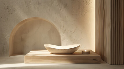 Poster - A minimalist still life featuring a beige ceramic bowl and candle on a wooden platform against a textured wall with an arch
