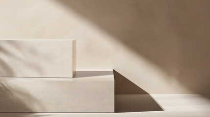 Poster - Two beige blocks are arranged in a studio setting with sunlight casting shadows on the wall creating a minimalist and modern backdrop for product display