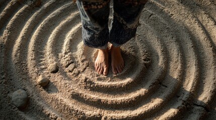 Poster - Grounding Techniques for Anxiety Relief Featuring a Person Standing in a Sand Circle at a Wellness Retreat