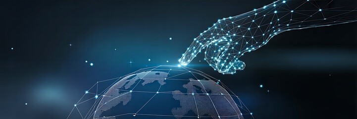 Global network connection digital hand touching world map technology concept