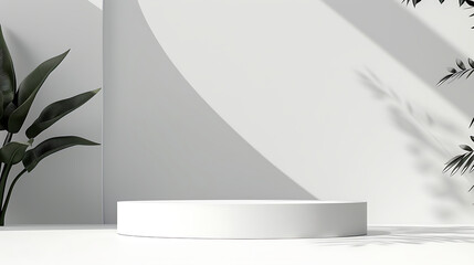 Poster - A white product podium stands against a white wall with plant shadows creating a minimalist scene