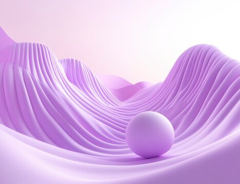 Abstract landscape of soft, undulating, light purple ridges, a single light purple sphere resting in the center