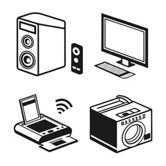 Fototapete - Collection of black and white illustrated technology devices and appliances isolated on white