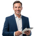 © The Stock Guy - Confident executive manager in formal suit smiling while holding a tablet, isolated on transparent background, concept of business leadership and technology