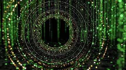 Poster - Abstract Green and Gold Particle Animation with Concentric Circles
