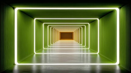 Poster - Abstract Green Hallway With Neon Lights and Vanishing Point