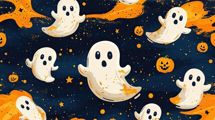  Halloween ghost pattern background with pumpkins