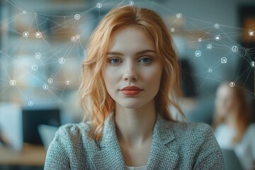 Poster - Businesswoman in a modern office connects with network of people icons to enhance collaboration and communication, network of people icons over caucasian businesswoman in office