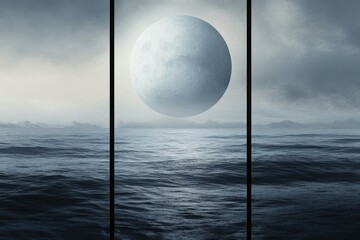 Poster - Hazy lunar eclipse casts ethereal glow over calm ocean waters at dusk, Hazy Moon Eclipse Over Ocean 3 Part Vertical Background
