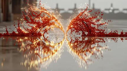 Poster - Symmetrical Red And Orange Liquid Splashes Reflecting On Wet Surface