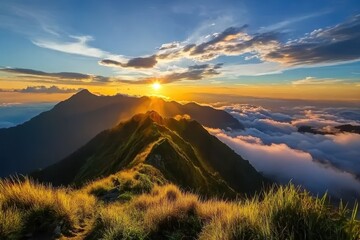Poster - Timelapse of sunrise over mountains with clouds flowing in the sky, Time-lapse of sunset and clouds flowing on top of mountains