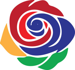Poster - A colorful abstract rose with swirling petals in red blue yellow and green on a white background art