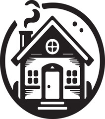 Poster - Illustration of a house with a chimney emitting smoke inside a circular border in black and white style