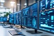 © Ifti Digital - Digital data processing displayed on multiple screens in a modern workspace during the day, digital data processing over digital screens