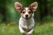 © PONDOKPESANTREN - A joyful tricolor dog runs through green grass towards the viewer with ears erect