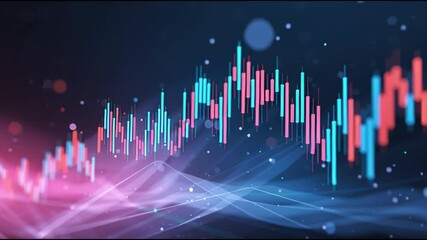 Poster - Vibrant Digital Illustration of Financial Stock Market Chart with Glowing Candlestick Patterns, Dynamic Data Analysis, Economic Trends, and Futuristic Trading Investment Insights